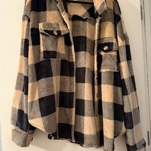 Wind Down Black and Tan Fleece Plaid Shacket